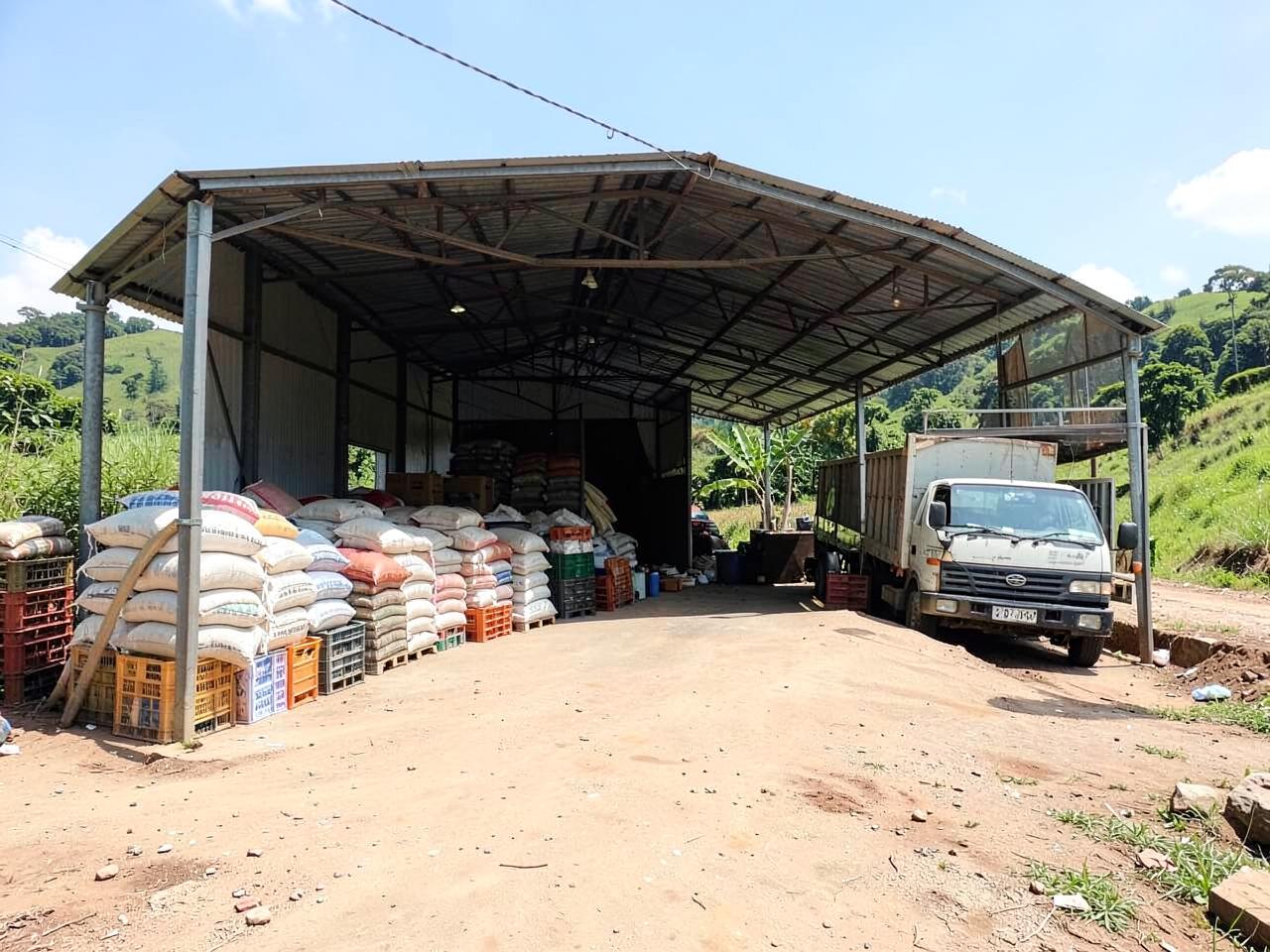 Centro de acopio rural de AgroAlfran con bultos y camión de carga