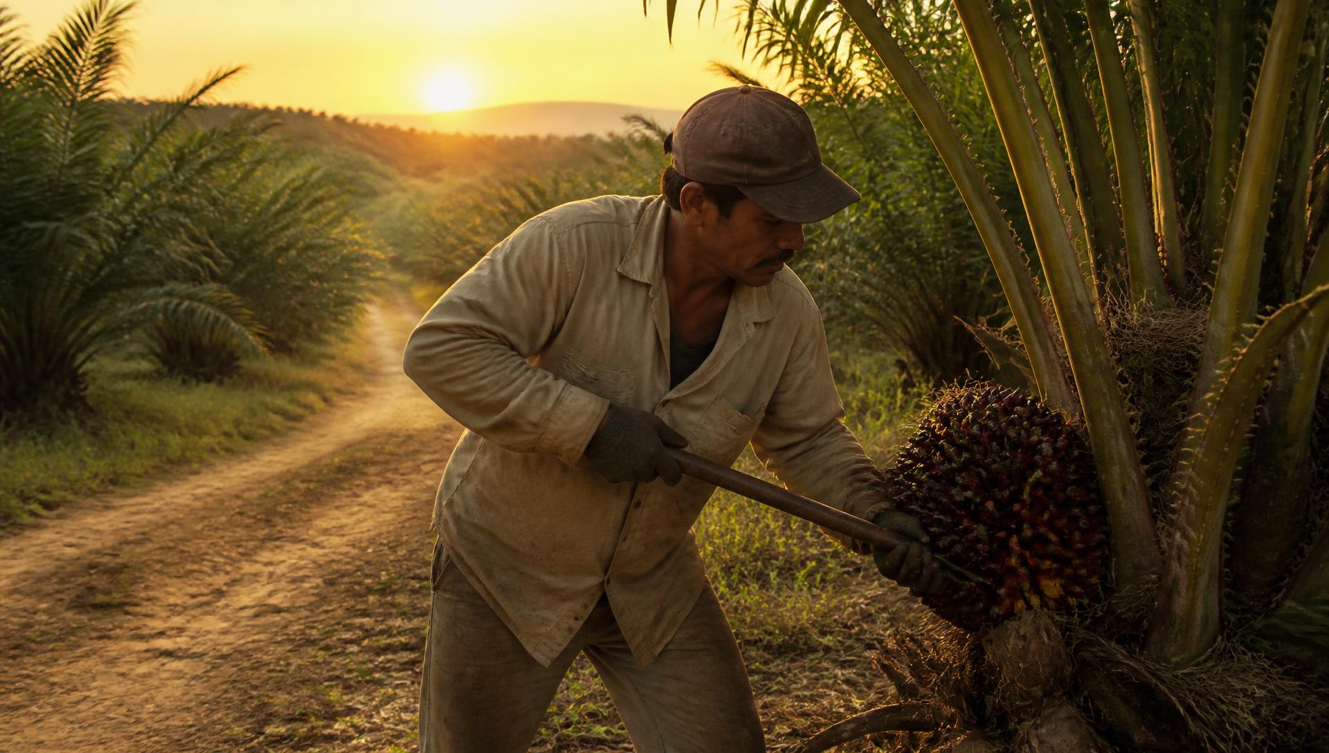 Trabajador cosechando racimos de palma al amanecer en una plantación colombiana